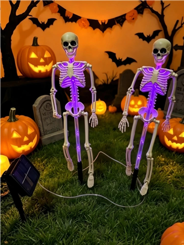 CAMS Halloween Decorations Outdoor Solar Garden Lights 2PC 3D Scary Bats Skeleton Waterproof Purple Orange LED Lights for Yard Party