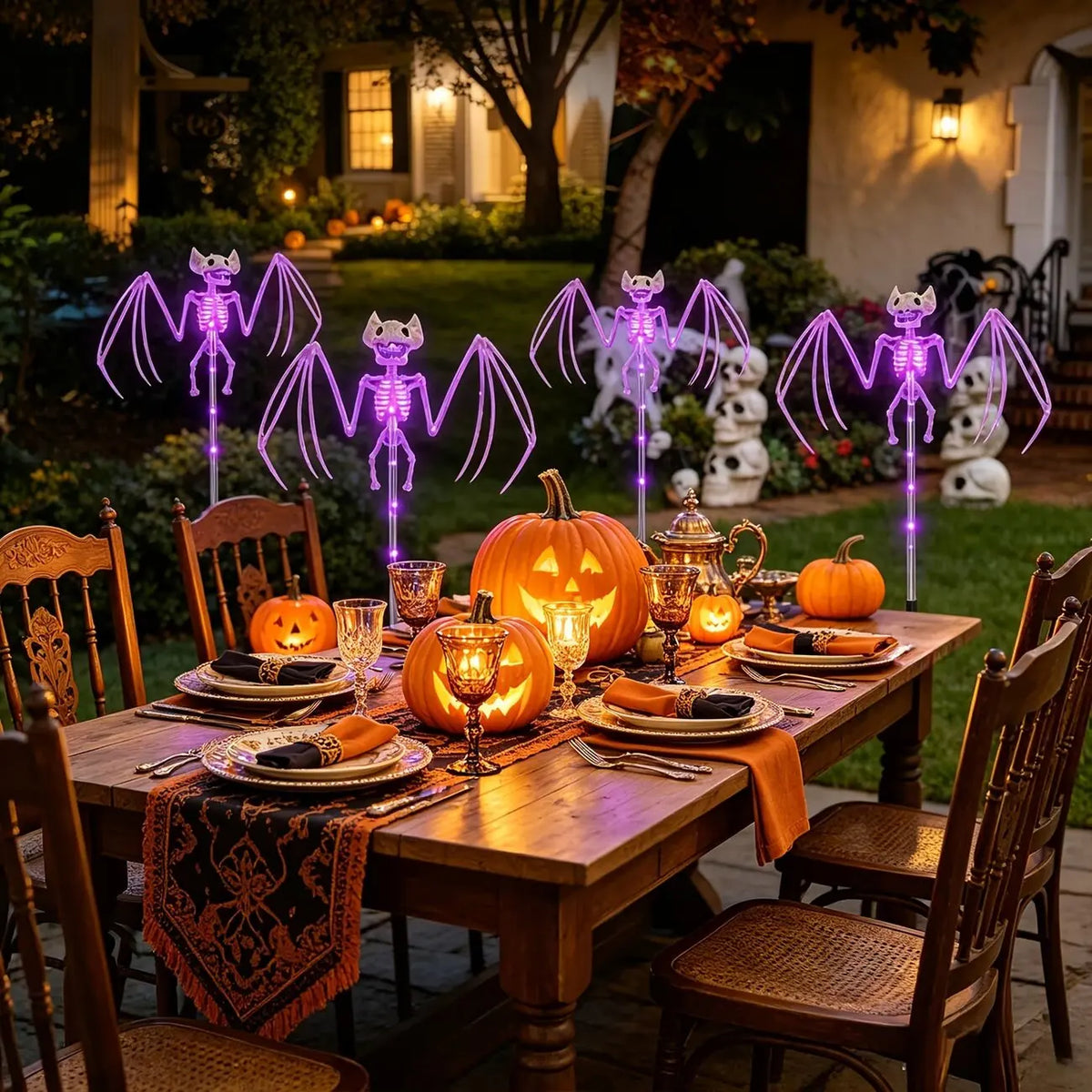 CAMS Halloween Decorations Outdoor Solar Garden Lights 2PC 3D Scary Bats Skeleton Waterproof Purple Orange LED Lights for Yard Party