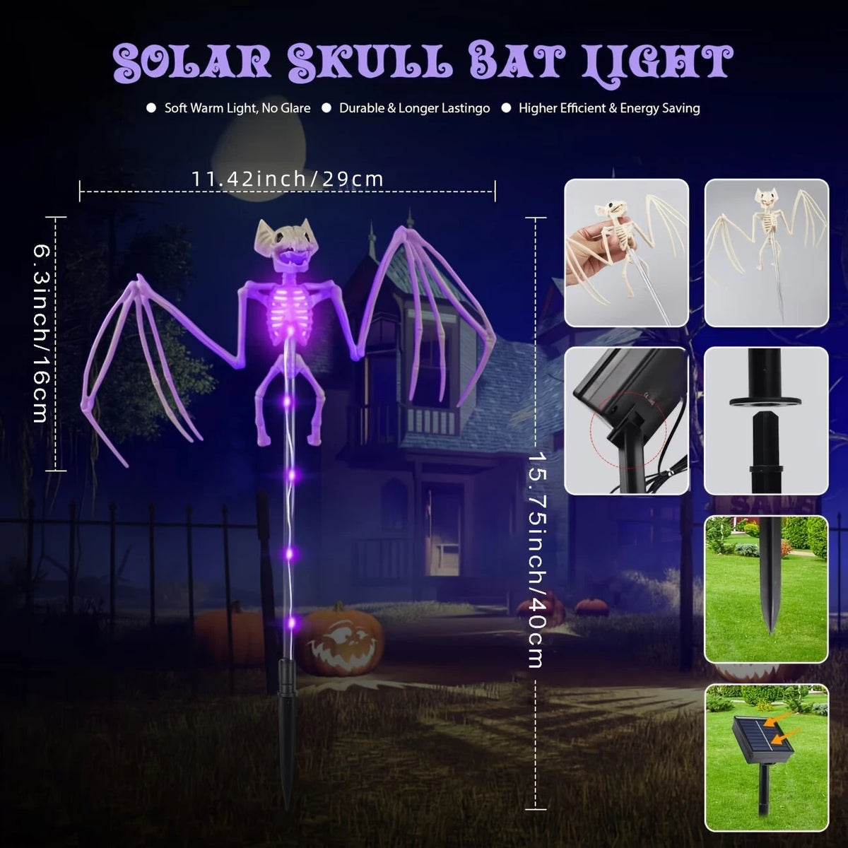 CAMS Halloween Decorations Outdoor Solar Garden Lights 2PC 3D Scary Bats Skeleton Waterproof Purple Orange LED Lights for Yard Party