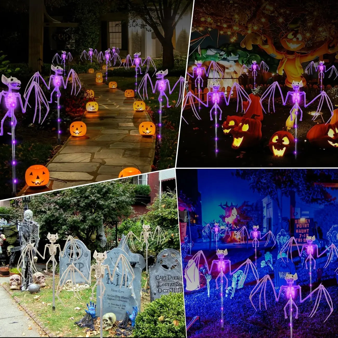 CAMS Halloween Decorations Outdoor Solar Garden Lights 2PC 3D Scary Bats Skeleton Waterproof Purple Orange LED Lights for Yard Party