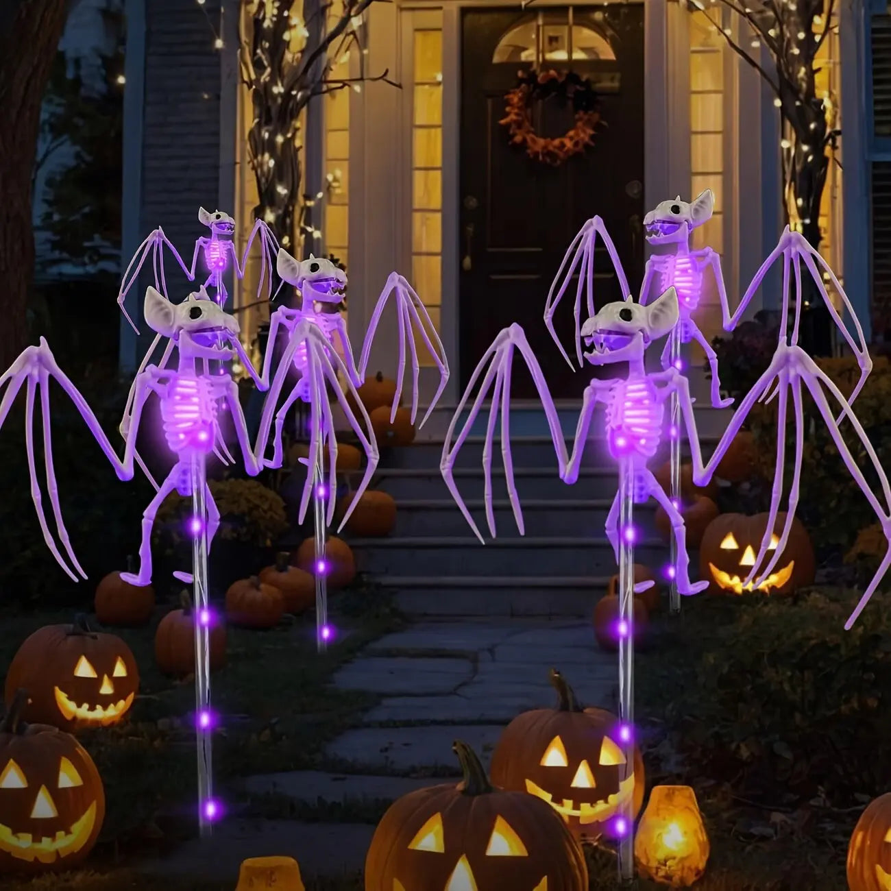 CAMS Halloween Decorations Outdoor Solar Garden Lights 2PC 3D Scary Bats Skeleton Waterproof Purple Orange LED Lights for Yard Party