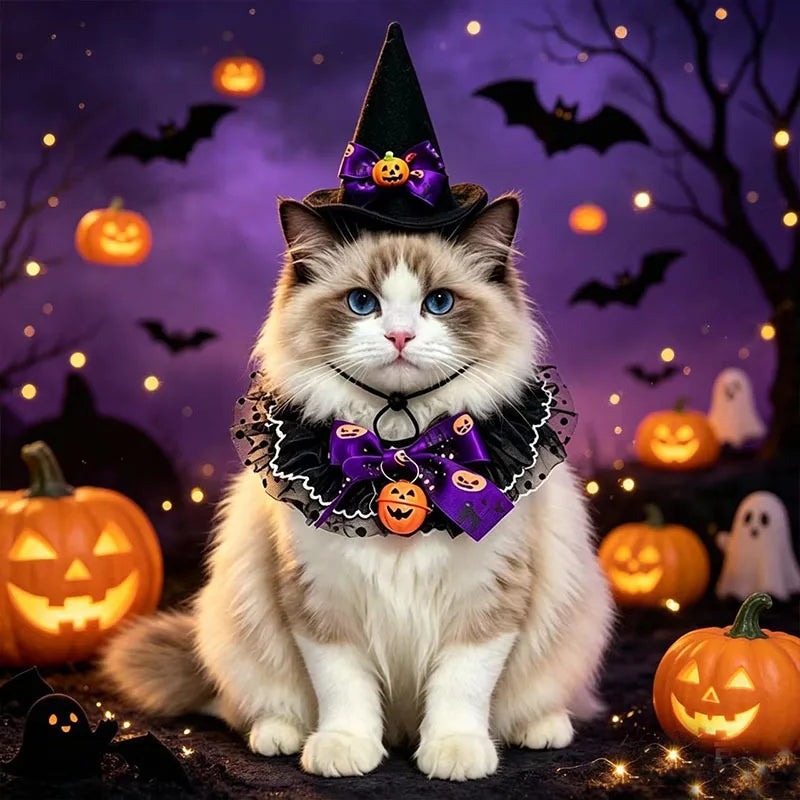 CAMS 2PCS/SET Halloween Pet Cosplay Costume Polyester Pet Witch Hat Collar Set Pumpkin Bell Bow Design