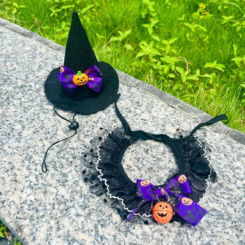CAMS 2PCS/SET Halloween Pet Cosplay Costume Polyester Pet Witch Hat Collar Set Pumpkin Bell Bow Design