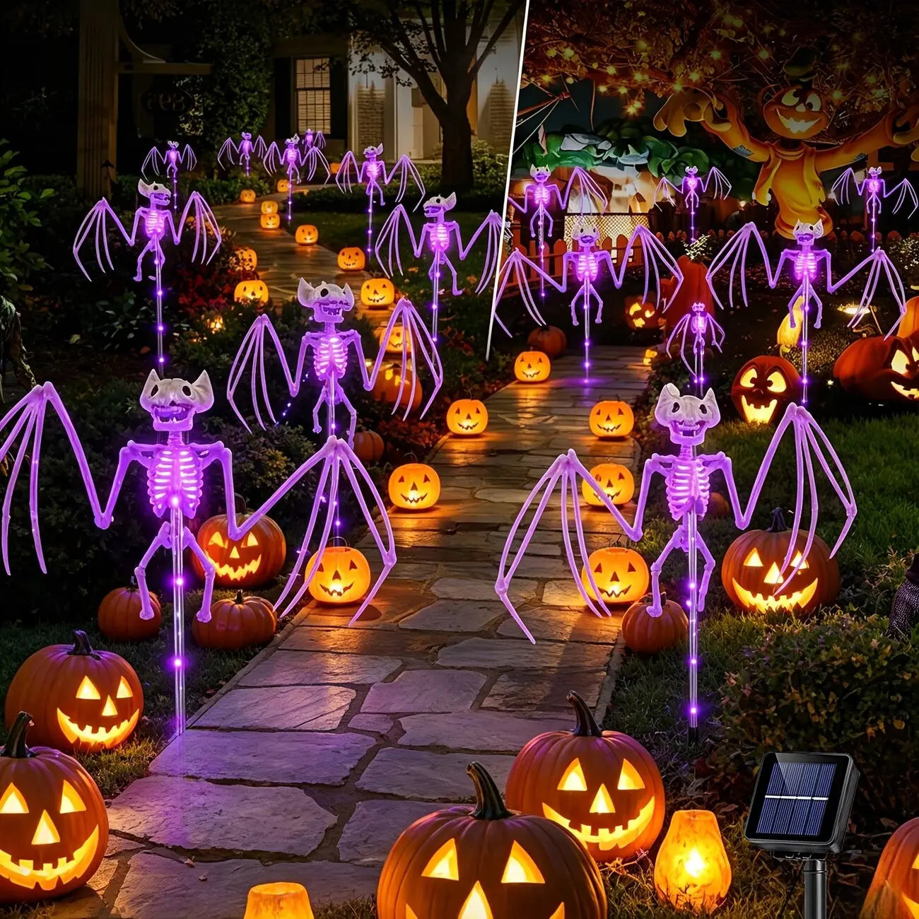 CAMS Halloween Decorations Outdoor Solar Garden Lights 2PC 3D Scary Bats Skeleton Waterproof Purple Orange LED Lights for Yard Party