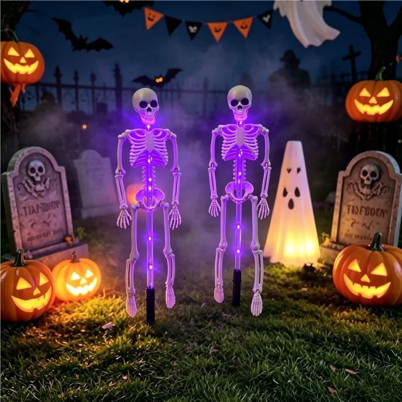CAMS Halloween Decorations Outdoor Solar Garden Lights 2PC 3D Scary Bats Skeleton Waterproof Purple Orange LED Lights for Yard Party