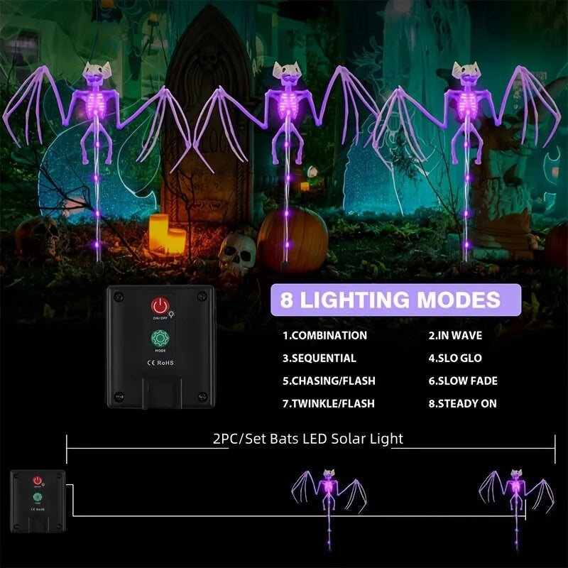CAMS Halloween Decorations Outdoor Solar Garden Lights 2PC 3D Scary Bats Skeleton Waterproof Purple Orange LED Lights for Yard Party