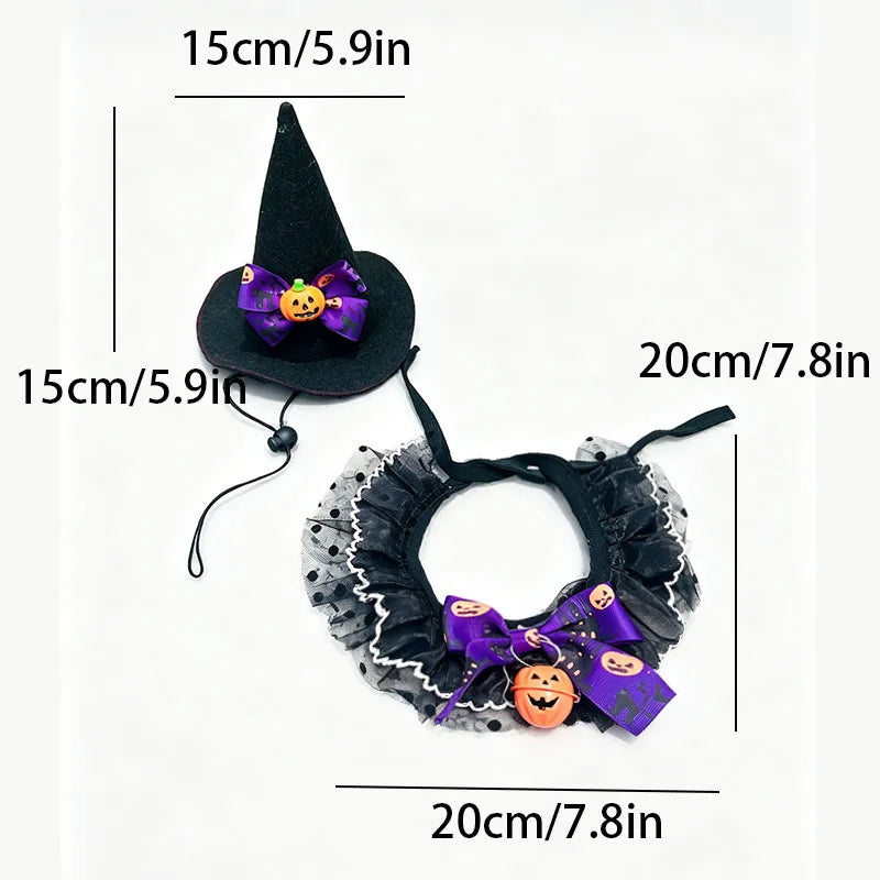 CAMS 2PCS/SET Halloween Pet Cosplay Costume Polyester Pet Witch Hat Collar Set Pumpkin Bell Bow Design
