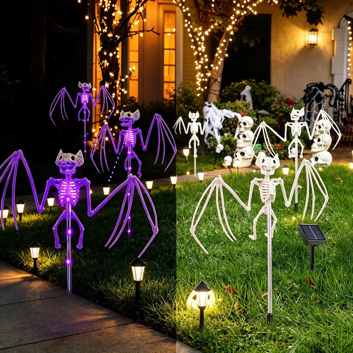 CAMS Halloween Decorations Outdoor Solar Garden Lights 2PC 3D Scary Bats Skeleton Waterproof Purple Orange LED Lights for Yard Party