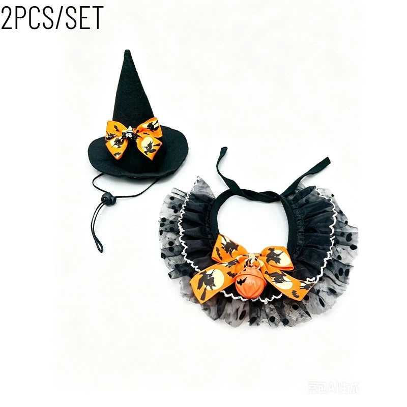 CAMS 2PCS/SET Halloween Pet Cosplay Costume Polyester Pet Witch Hat Collar Set Pumpkin Bell Bow Design