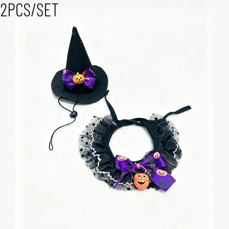 CAMS 2PCS/SET Halloween Pet Cosplay Costume Polyester Pet Witch Hat Collar Set Pumpkin Bell Bow Design