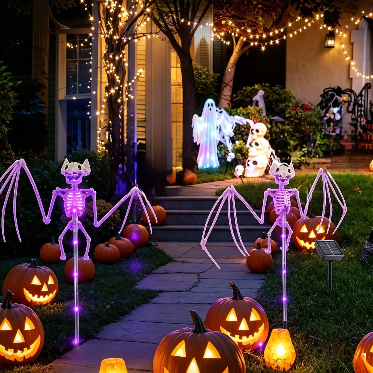 CAMS Halloween Decorations Outdoor Solar Garden Lights 2PC 3D Scary Bats Skeleton Waterproof Purple Orange LED Lights for Yard Party