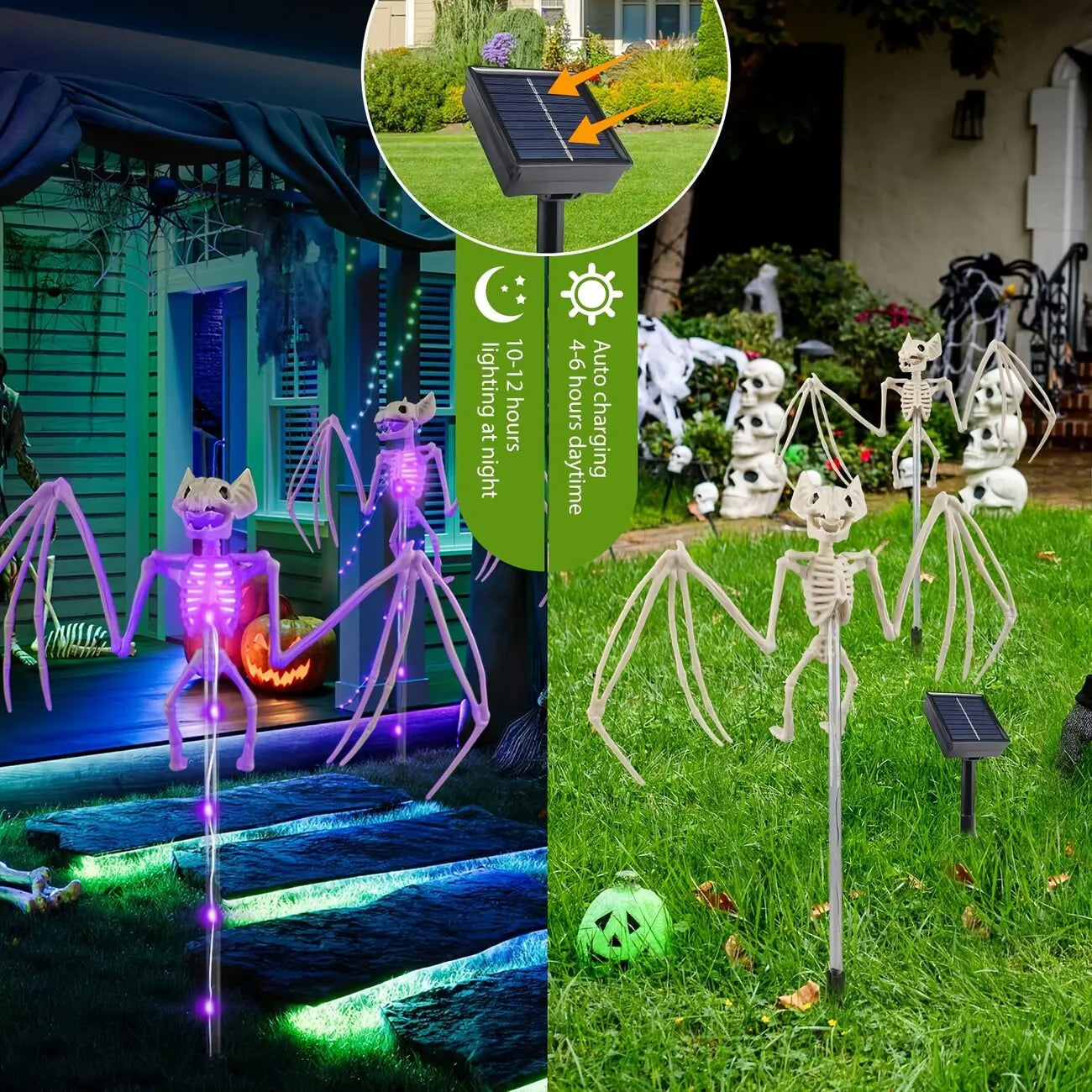 CAMS Halloween Decorations Outdoor Solar Garden Lights 2PC 3D Scary Bats Skeleton Waterproof Purple Orange LED Lights for Yard Party