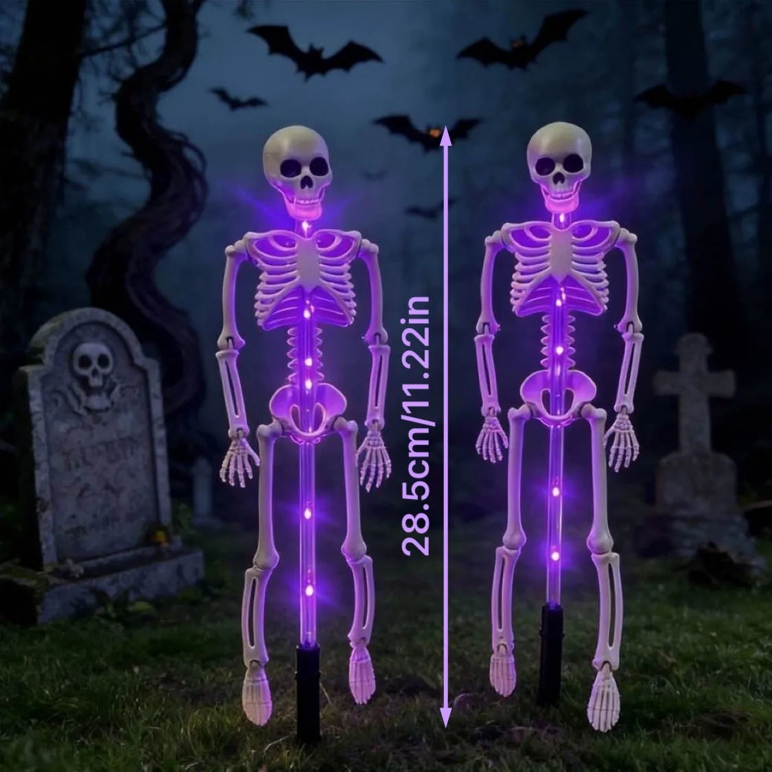 CAMS Halloween Decorations Outdoor Solar Garden Lights 2PC 3D Scary Bats Skeleton Waterproof Purple Orange LED Lights for Yard Party